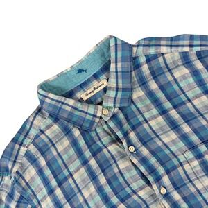 Tommy Bahama Shirt Mens XL Blue Plaid‎ 100% Linen Long Sleeve Casual Button Down